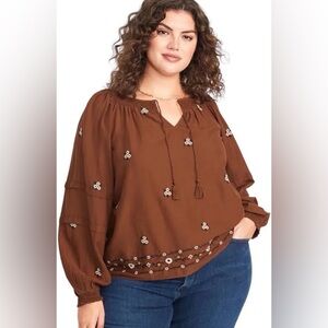 Old Navy Floral Embroidered Smocked Tie Neck Blouse Sz XXL